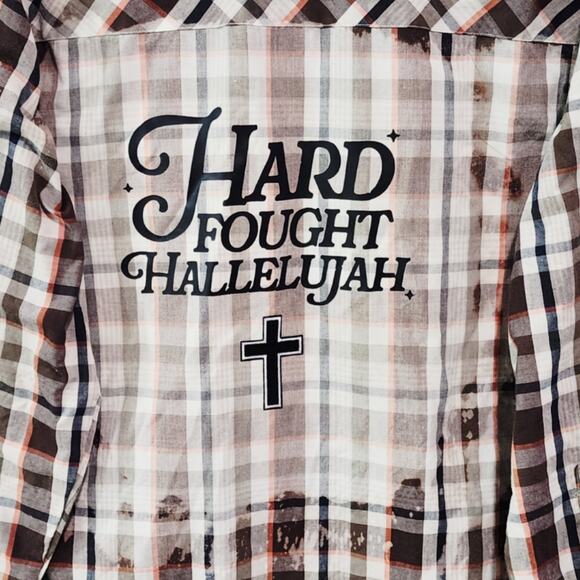 Hard Fought Hallelujah Custom Christian Upcycled Plaid Shirt, Unisex M/L - Picture 2 of 5